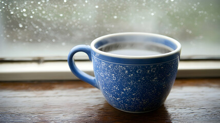 Warm tea by rainy window, cozy home scene, perfect for relaxation or blog post