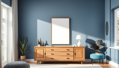 Creative composition of modern living room interior design with mockup poster frame, wooden commode, mirror and elegant personal accessories. Blue wall. Home staging. Template. Copy space, pixel art