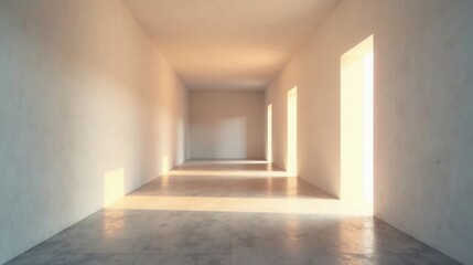 Obraz premium Sunlit Empty Hallway with Recessed Doorways and Polished Concrete Floor