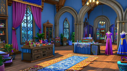 Naklejka premium Royal Palace Boutique Interior view of a regal shop showcasing luxurious gowns and beauty products; ornate architecture and vibrant decor