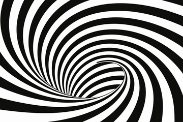 Black and white spiral tunnel with a hypnotic optical illusion. Striped twisted abstract 3D render background.