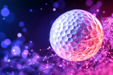 Spherical textured object amidst glowing, connected particles and bokeh effects, dark background