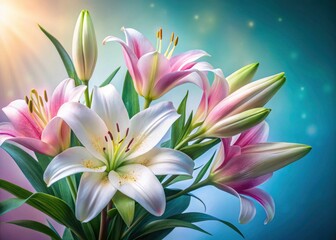 Fototapeta premium Beautiful Soft Pink & White Lily Bouquet, Close Up Flower Photography, Pink Blue Gradient, Floral Background, Copy Space