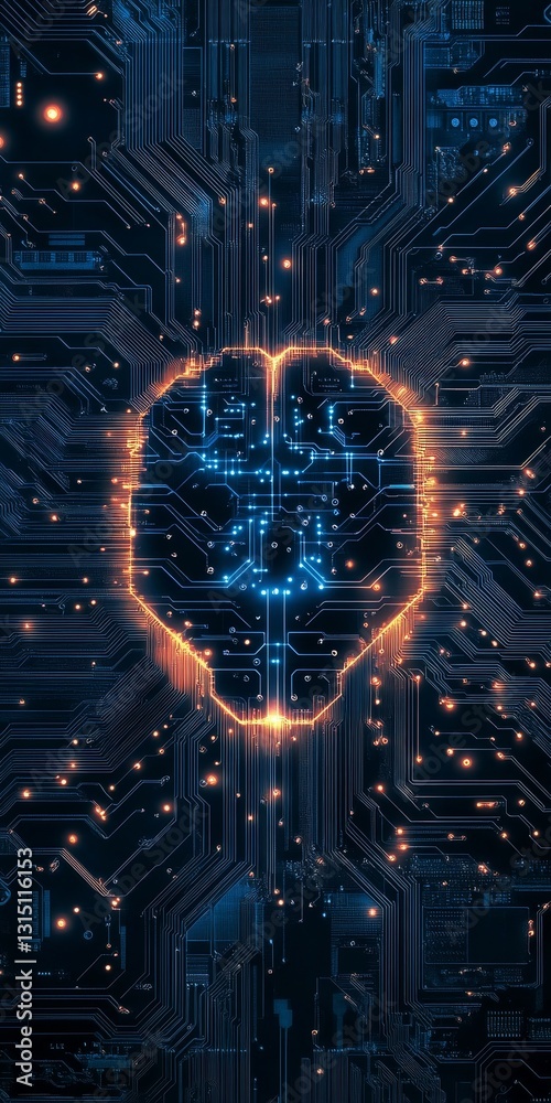 Poster this abstract image features a futuristic brain design formed by circuit patterns and glowing lights