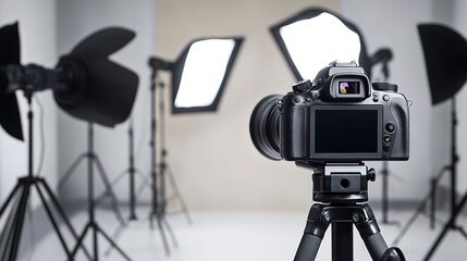 A Professional Dslr Camera Poised For A Photoshoot, Ready To Capture Stunning Images In A Studio Setting With Soft, Diffused Lighting