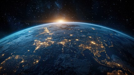 Obraz premium A beautiful view of the Earth at night, with the sun rising in the distance