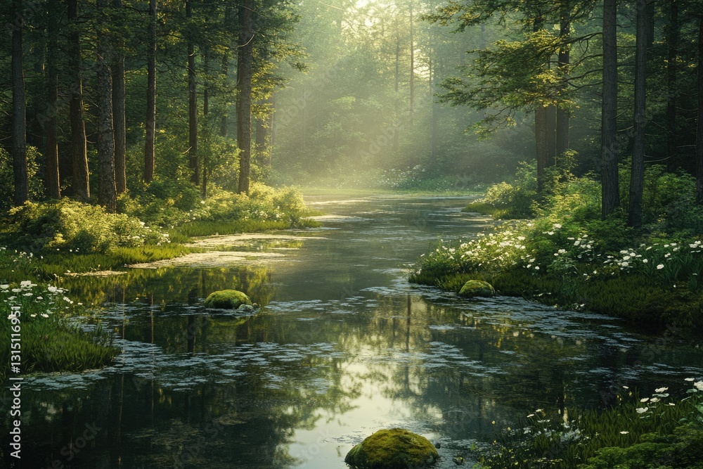 Aufkleber serene stream flows through a sun-dappled forest, creating a magical, tranquil scene.