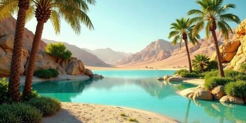 Fototapeta premium Serene Oasis Palm Trees Frame Turquoise Waters and Golden Sands Against a Dramatic Mountain Range