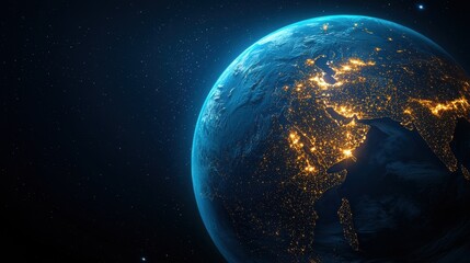 A blue and white planet with a bright orange and yellow glow