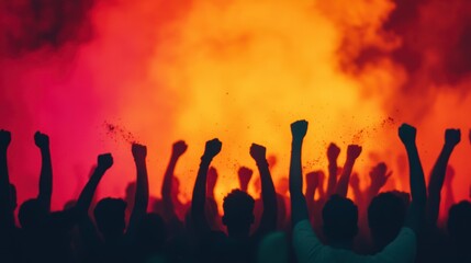 Fototapeta premium Fans raising fists in unity and strength at a concert with orange smoke in the background, creating a powerful and energetic atmosphere