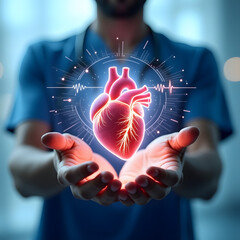 World Organ Donation Day - Man Holding a Glowing Heart with Futuristic Medical Technology.