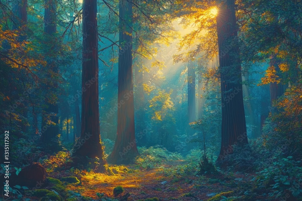 Poster sunbeams pierce a mystical redwood forest, creating an ethereal and tranquil atmosphere.