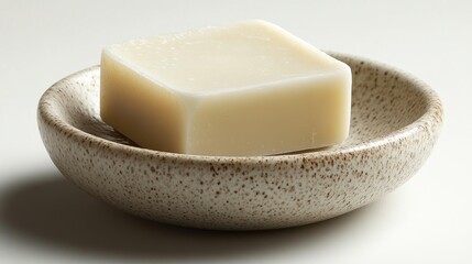 Square bar of soap in a textured ceramic dish on a white surface