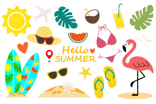 Hello summer collection. Set of summer icons and design elements.