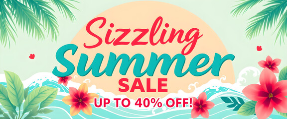 Tropical Summer Sale Banner Design | Sizzling Summer Sale - Up to 40% Off! | Palm Leaves, Ocean Waves & Floral Elements for a Fresh Beach-Themed Promotion