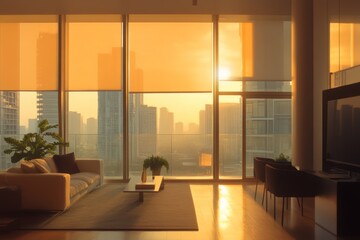 Modern Urban Living Room with Sunset View Through Panoramic Windows