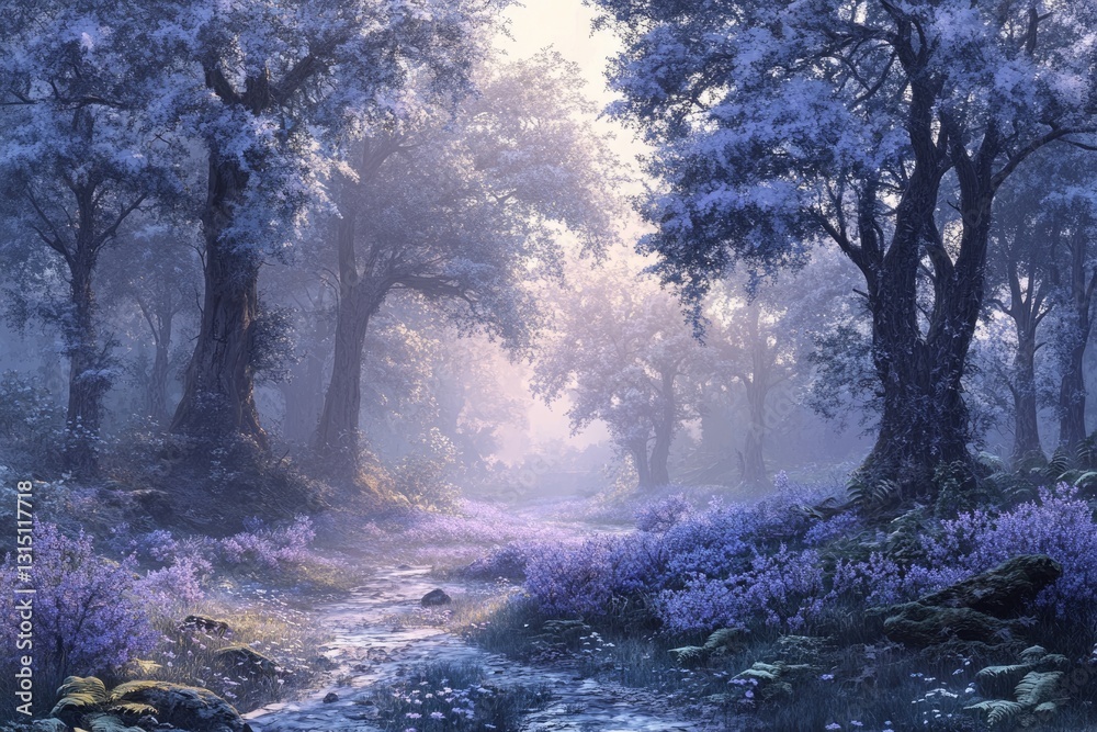 Aufkleber serene stream flows through a mystical lavender forest, bathed in soft, ethereal light.
