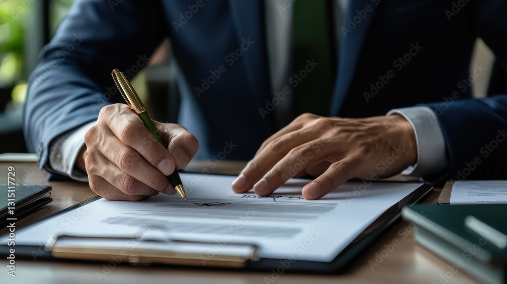 Poster a man in a suit is writing with a pen on a piece of paper