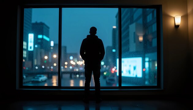 Silhouette of a man gazing out a rainy city window at night