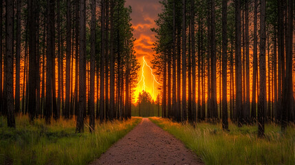 Obraz premium Sunset lightning storm path forest nature landscape photography