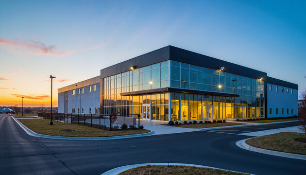 Modern data center illuminated at dusk with vibrant reflections, innovation