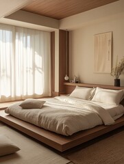 A minimal style minimalist bedroom featuring a modern bed and pillows