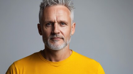 Obraz premium A man with a beard and gray hair is wearing a yellow shirt