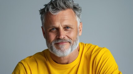 Obraz premium A man with a beard and gray hair is wearing a yellow shirt and smiling