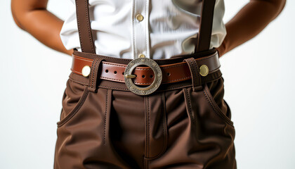Close-up of leather lederhosen with traditional belt detail