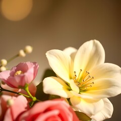 Obraz premium Elegant floral arrangement featuring pastel roses and a striking white bloom