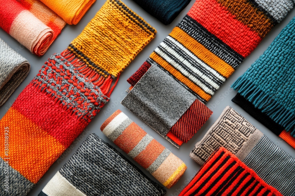 Poster a collection of colorful woven textiles in various textures and patterns, showcasing autumnal hues.