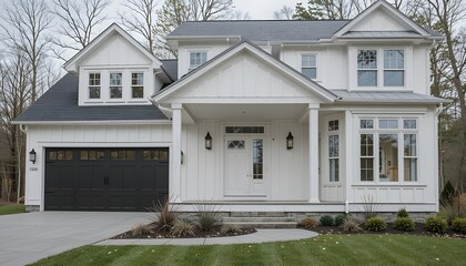 A white modern farmhouse with board and batten siding, white oak front door and covered porch, and a black garage door and windows.