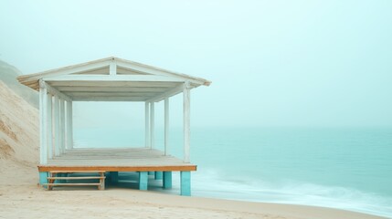Fototapeta premium Serene coastal retreat misty beach pavilion surrounded by tranquil waters and soft sandy dunes