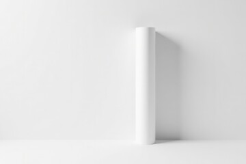 A vertically oriented roll of pristine white material rests against a minimalist white wall, casting a subtle shadow, creating a clean and modern aesthetic.