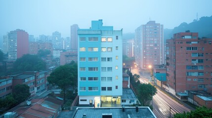 Serene cityscape at dusk a calm urban scene featuring high-rise buildings and a misty atmosphere in an urban neighborhood