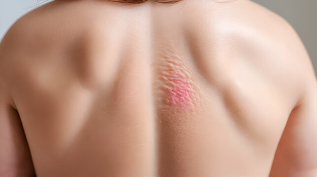 Red rash on baby skin at the back / Roseola infantum / Exanthema subitum / rose rash of infants / sixth disease / baby measles / three-day fever