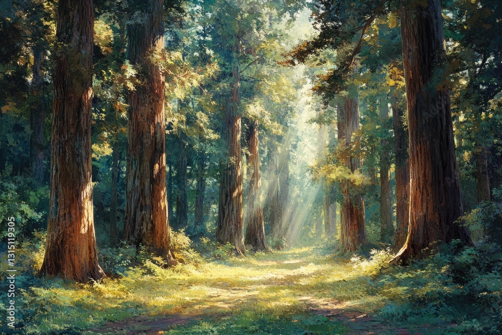 Poster Sunbeams illuminate a path through a majestic redwood forest, creating a serene and magical atmosphere.