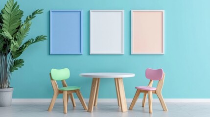 A room with a blue wall and a white table with two chairs