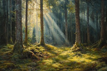 Obraz premium Sunbeams pierce a dense forest, illuminating moss-covered ground and tall trees.