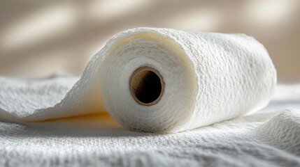 Rolled paper towels on a textured surface, soft light background