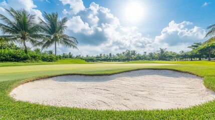 Tropical golf course sand trap, sunny day, palm trees