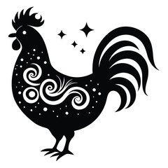 Black Rooster Silhouette Vector, Elegant Rooster Illustration, Chicken Line Art, and Bird on a Branch Design
