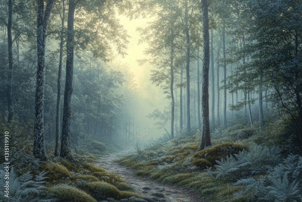 Aufkleber Misty forest path, sunlight filtering through trees, creating an enchanting and serene atmosphere.