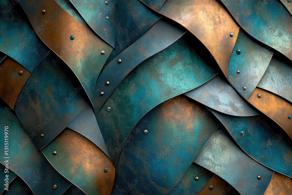 Poster abstract background of teal and copper metallic scales, overlapping and textured, with rivets.