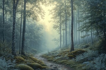 Fototapeta premium Misty forest path, sunlight filtering through trees, creating an enchanting and serene atmosphere.