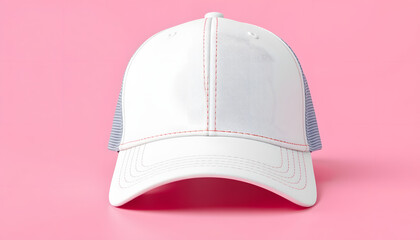 Fototapeta premium White baseball cap mockup blank trucker hat isolated on pink background front view, retro style. with white shades