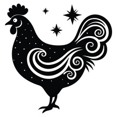 Black Rooster Silhouette Vector, Elegant Rooster Illustration, Chicken Line Art, and Bird on a Branch Design