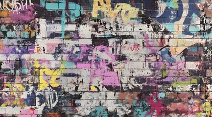 Obraz premium A dynamic and gritty graffiti-inspired texture with bold spray-painted tags, distressed layers, and faded stencil elements. The seamless, tileable design combines neon highlights and muted tones,