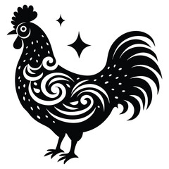 Black Rooster Silhouette Vector, Elegant Rooster Illustration, Chicken Line Art, and Bird on a Branch Design