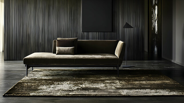 Modern brown chaise lounge in minimalist living room, dark wood wall, floor lamp. Interior design stock photo